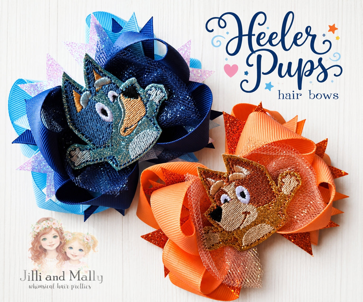 Blue and Orange Heeler Pups Single OR Piggy Bows *Pre-order 4 wk turnaround*
