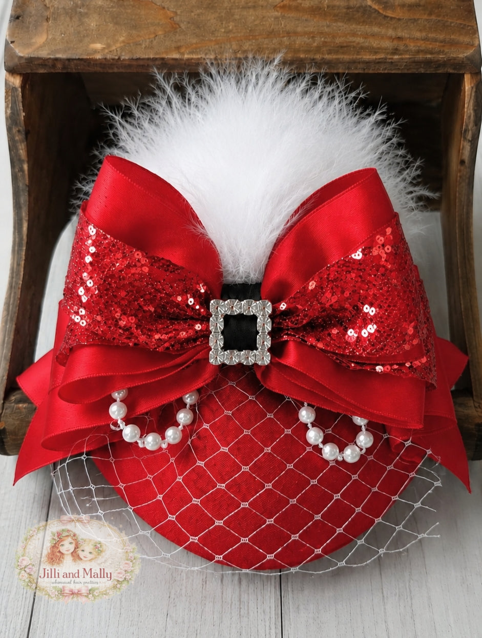 Mrs. Claus Fascinator Mini Hat m2m Stella Maris *Pre-order with 6 week turnaround time*