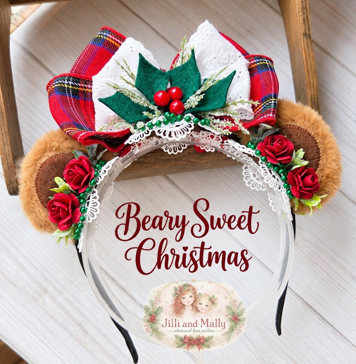 Beary Sweet Christmas Teddy Bear Ears Headband RTS