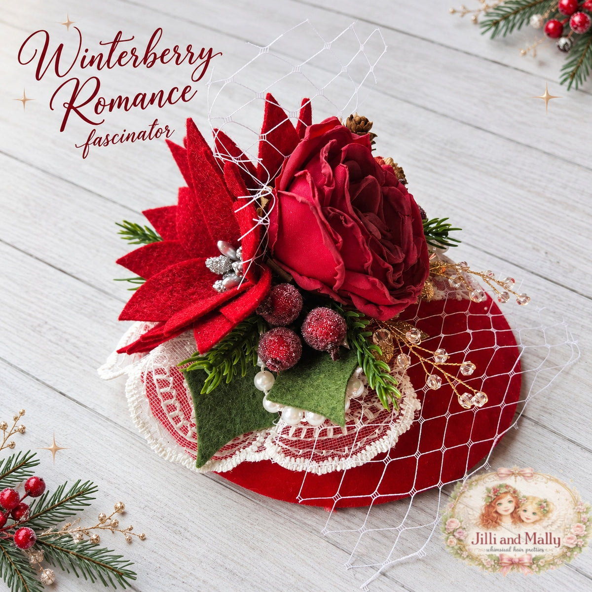Winterberry Romance Poinsettia Fascinator Mini Hat *Made to Order with 4 week turnaround time*