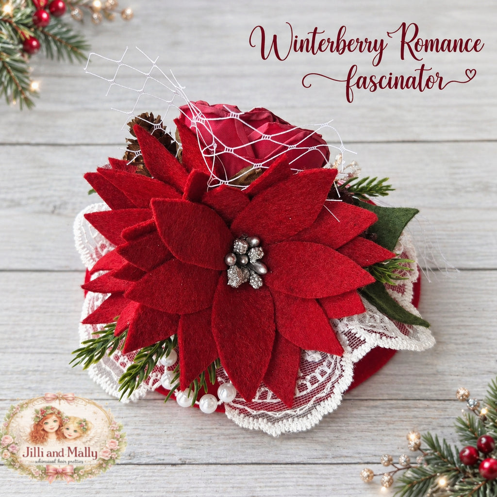 Winterberry Romance Poinsettia Fascinator Mini Hat *Made to Order with 4 week turnaround time*