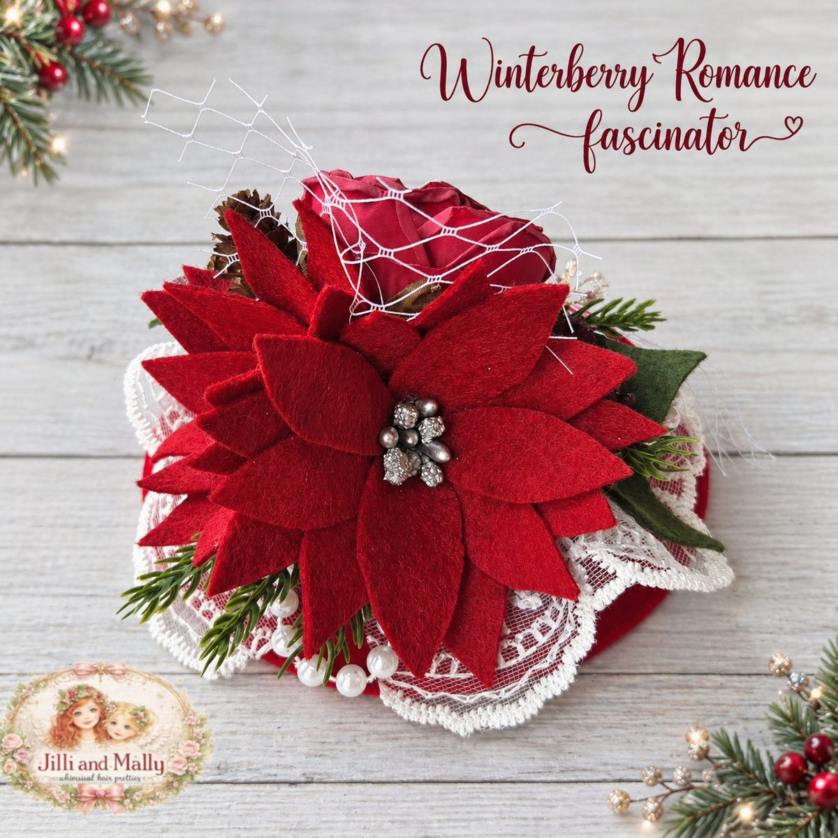Winterberry Romance Poinsettia Fascinator Mini Hat *Made to Order with 4 week turnaround time*