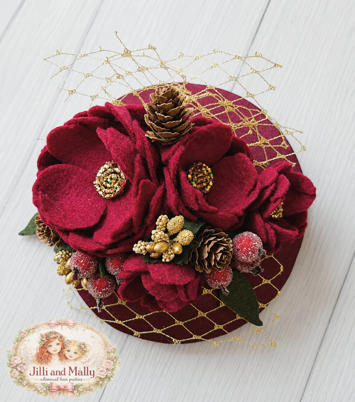 Crimson Noel Fascinator Mini Hat m2m The Paper Doll *Made to Order with 4 week turnaround time*