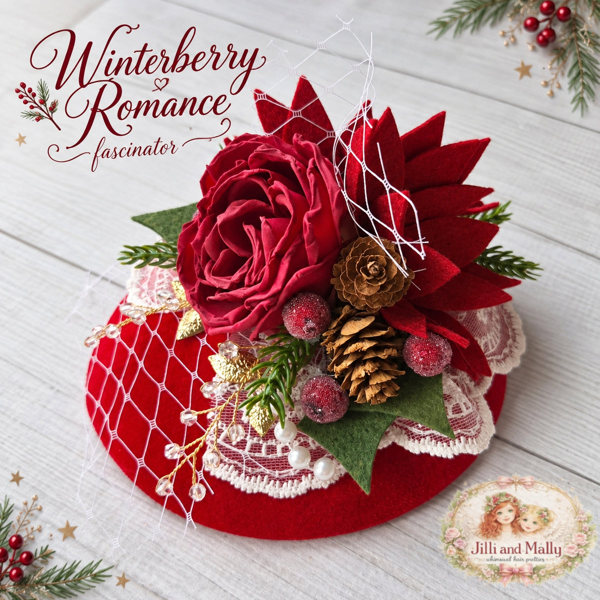 Winterberry Romance Poinsettia Fascinator Mini Hat *Made to Order with 4 week turnaround time*