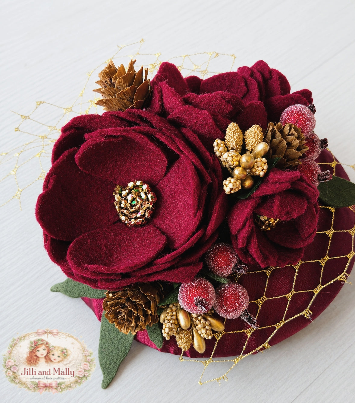 Crimson Noel Fascinator Mini Hat m2m The Paper Doll *Made to Order with 4 week turnaround time*
