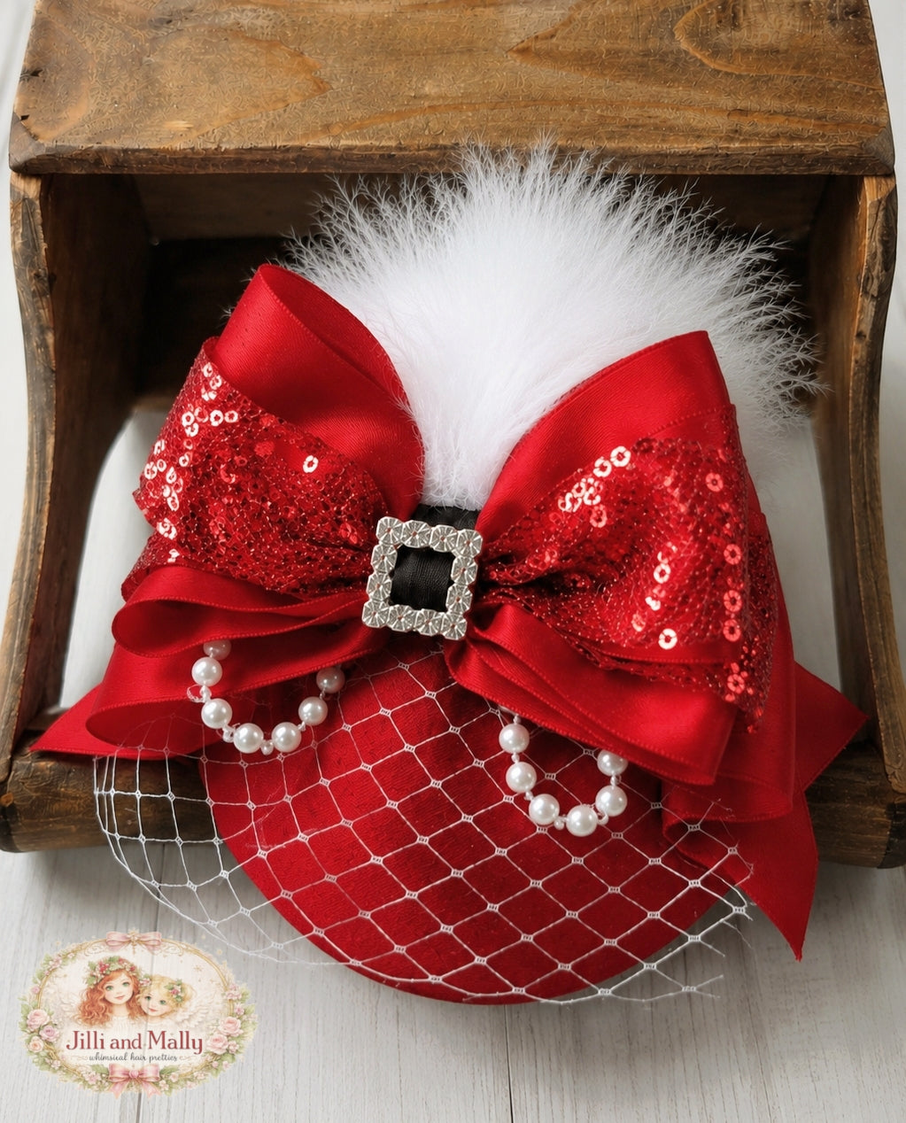 Mrs. Claus Fascinator Mini Hat m2m Stella Maris *Pre-order with 6 week turnaround time*