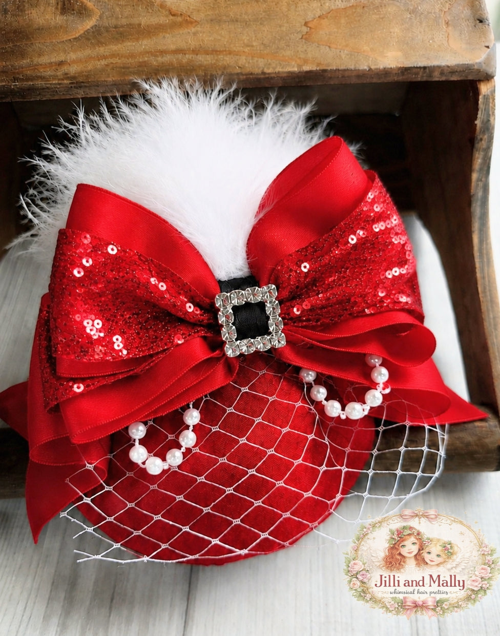 Mrs. Claus Fascinator Mini Hat m2m Stella Maris *Pre-order with 6 week turnaround time*