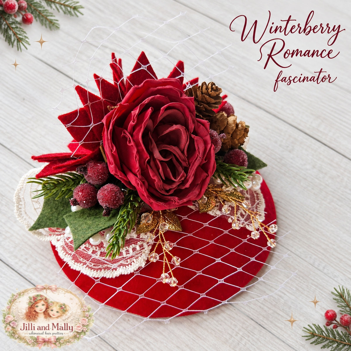 Winterberry Romance Poinsettia Fascinator Mini Hat *Made to Order with 4 week turnaround time*
