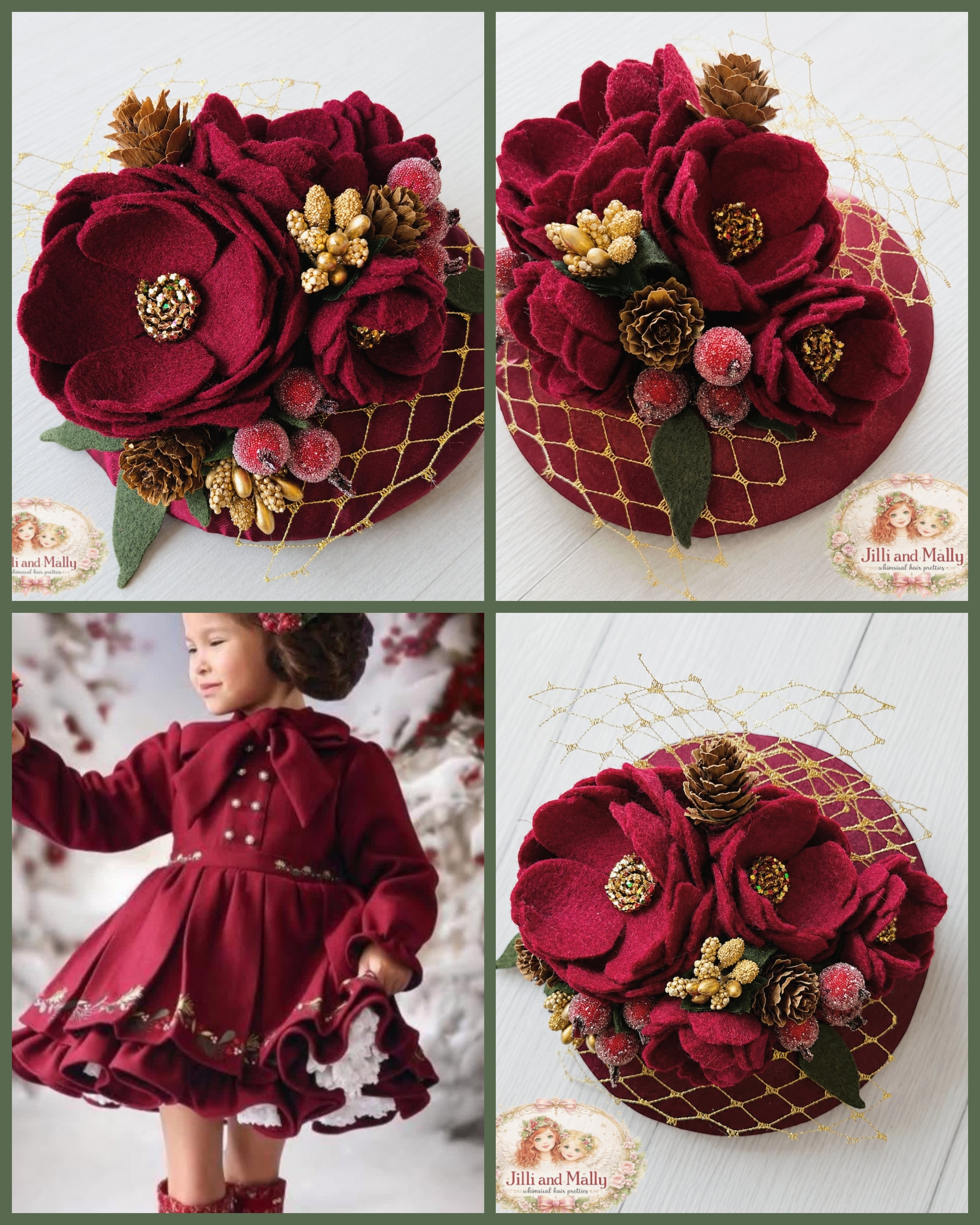 Crimson Noel Fascinator Mini Hat m2m The Paper Doll *Made to Order with 4 week turnaround time*